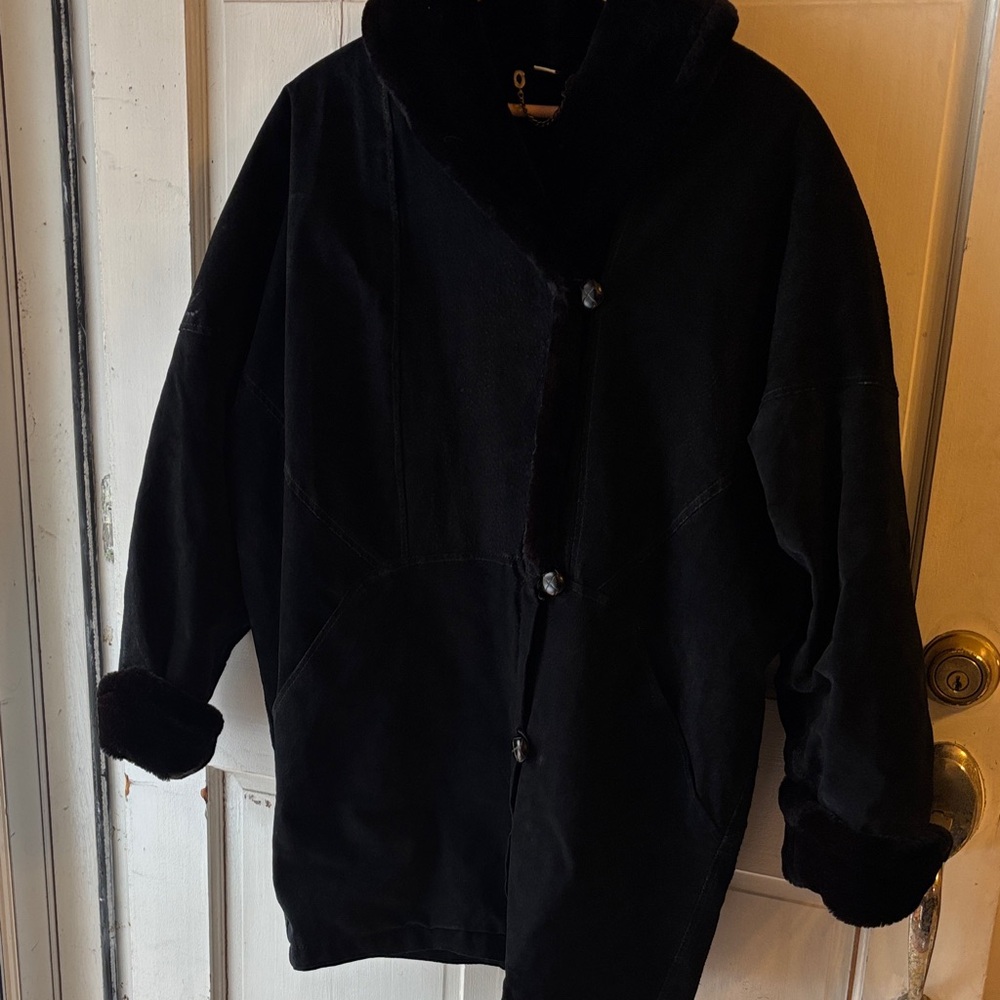 Black Leather Button-Up Coat with Faux Fur Collar